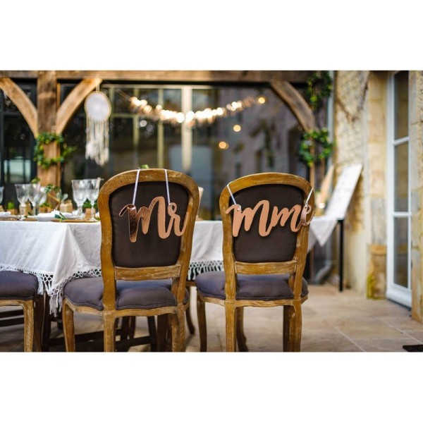 Suspensions Mr et Mme Rose Gold pour chaises, Ruban Satin ivoire, dim. 40,7 x 16 cm, décoration sall - Photo n°2