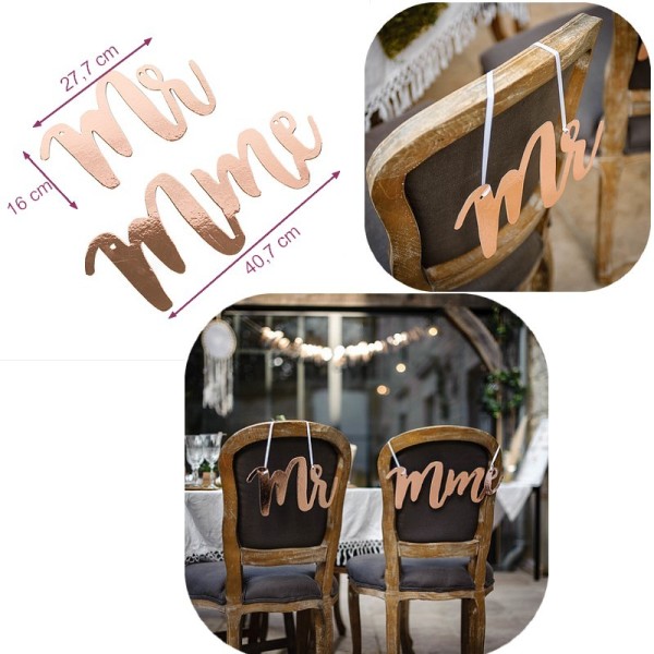 Suspensions Mr et Mme Rose Gold pour chaises, Ruban Satin ivoire, dim. 40,7 x 16 cm, décoration sall - Photo n°1