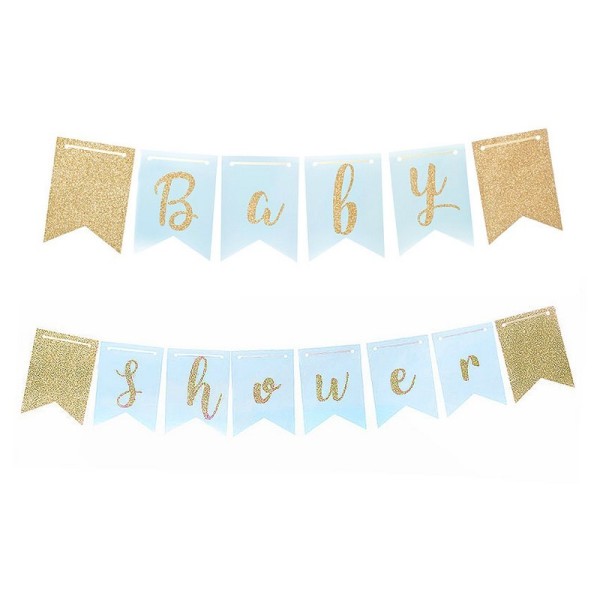 Guirlande Baby Shower Garçon bleu ciel, 3,5m x 18 cm, 13 fanions, détails paillettes dorées - Photo n°1
