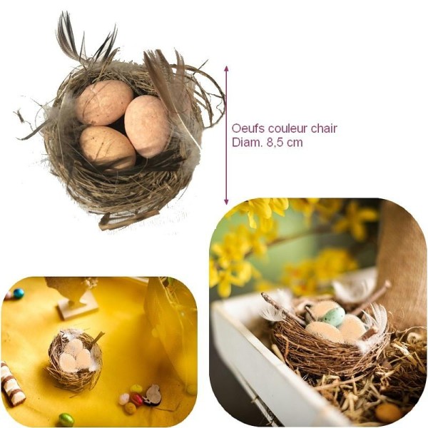 Petit nid en Paille garni de 3 œufs en Polystyrène, Petites Plumes, diam. 8,5 cm, décoration table d - Photo n°1
