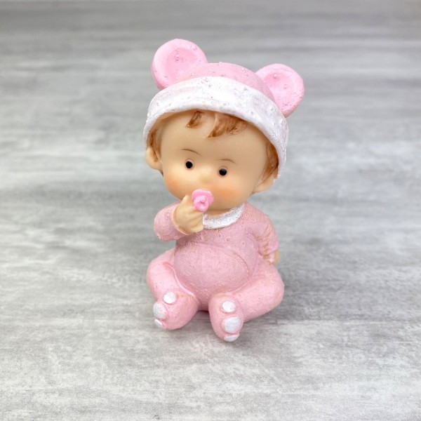Bébé Fillette en pyjama avec Tétine rose, 7,4 x 4cm, petite figurine en résine baptême ou babyshower - Photo n°1