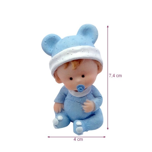 Bébé Garçon en pyjama bleue avec Tétine , 7,4 x 4cm, petite figurine en résine baptême ou babyshower - Photo n°1