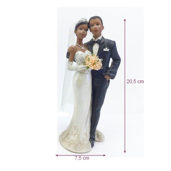 Grand Couple de Mariés Noirs en Résine bouquet dans la main, 20,5 x 7,5 cm, figurines pièce montée e - Photo n°1