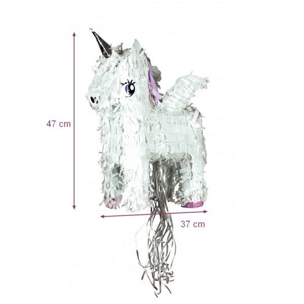 Pinata blanche Pégase, 47 x 37 x 13 cm, pour anniversaire ou babyshower, vendue vide, cheval à corne - Photo n°1
