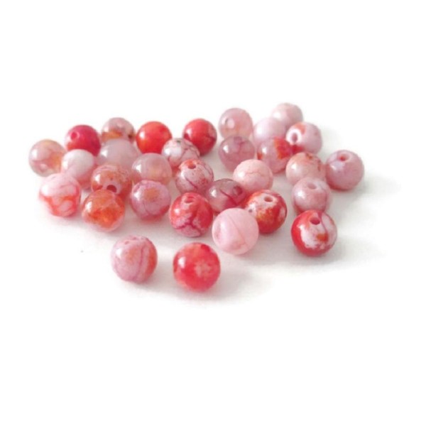 10 Perles Jade Naturelle Blanc et Rouge 6mm - Photo n°1