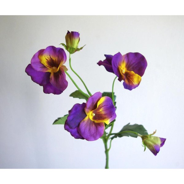 Pensées fleurs artificielles violettes H45cm 3 fausses fleurs Ø6.5 à 7.5cm + bouton - Photo n°2