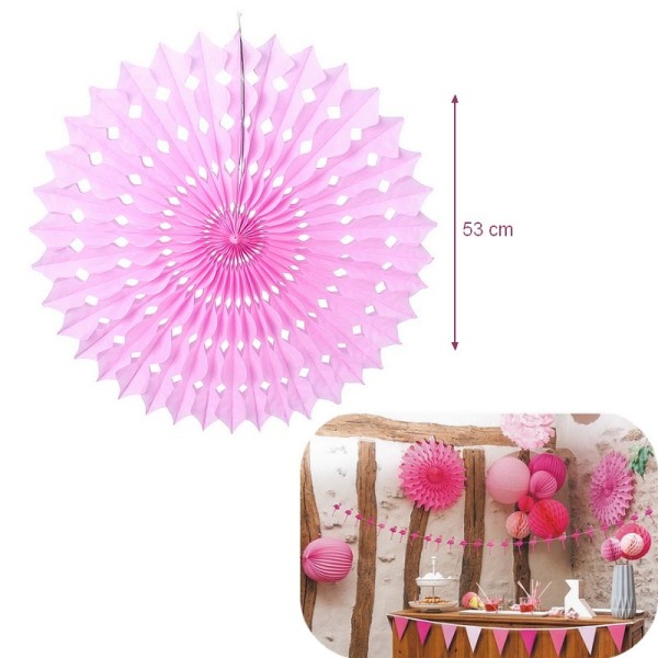 Grand Éventail alvéolé couleur Rose Bubble Gum, dim. 53 cm, Papier de Soie à suspendre - Photo n°2
