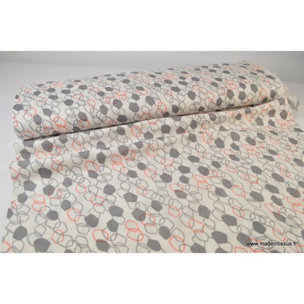 Tissu Double gaze coton imprimé Maillons Corail et gris .x1m - Photo n°2