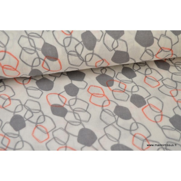 Tissu Double gaze coton imprimé Maillons Corail et gris .x1m - Photo n°3