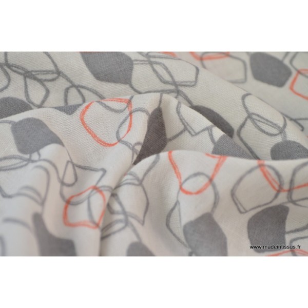 Tissu Double gaze coton imprimé Maillons Corail et gris .x1m - Photo n°4