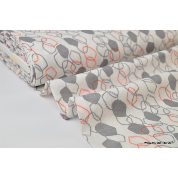 Tissu Double gaze coton imprimé Maillons Corail et gris .x1m - Photo n°1