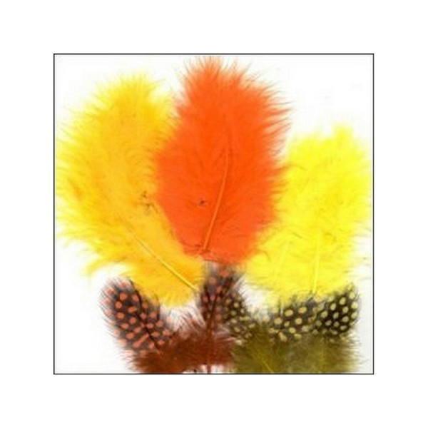 18 plumes de marabout et pintade colorées 7 , 11 cm TONS JAUNE ORANGE - Photo n°1