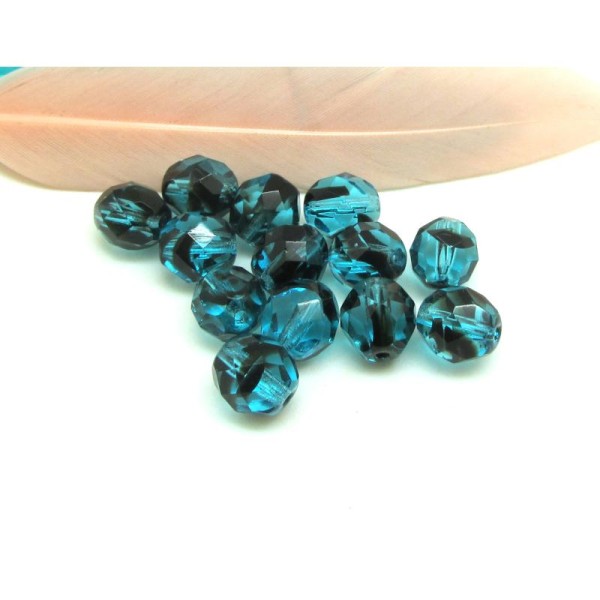 Lot  10 perles Facettes verre de Bohême - Bleu marbré Noir - 8 mm - Photo n°1