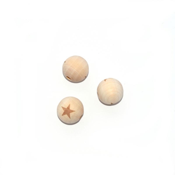 Perle en bois ronde 20 mm imprimé étoile naturel - Photo n°1