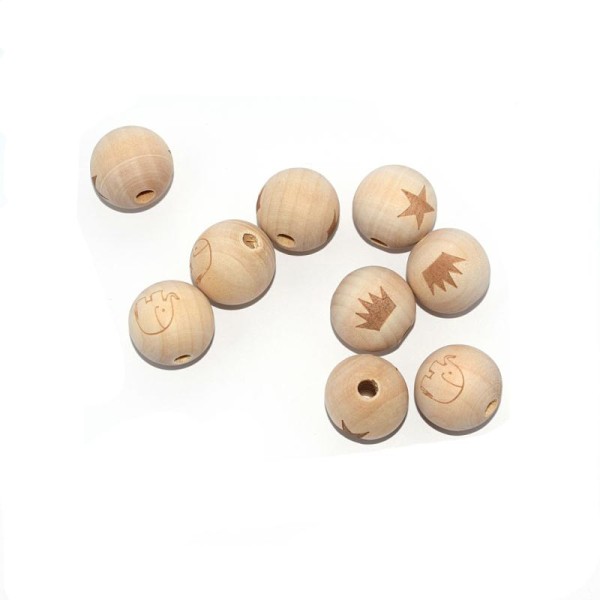 Perle en bois ronde 20 mm imprimé couronne naturel - Photo n°2