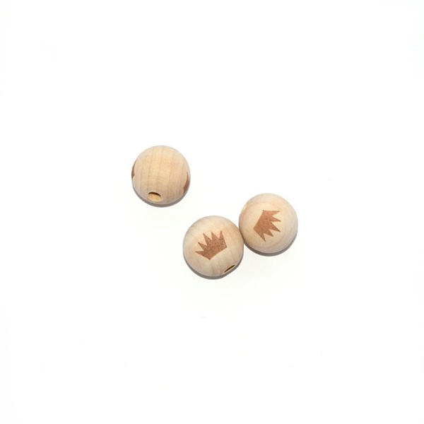 Perle en bois ronde 20 mm imprimé couronne naturel - Photo n°1