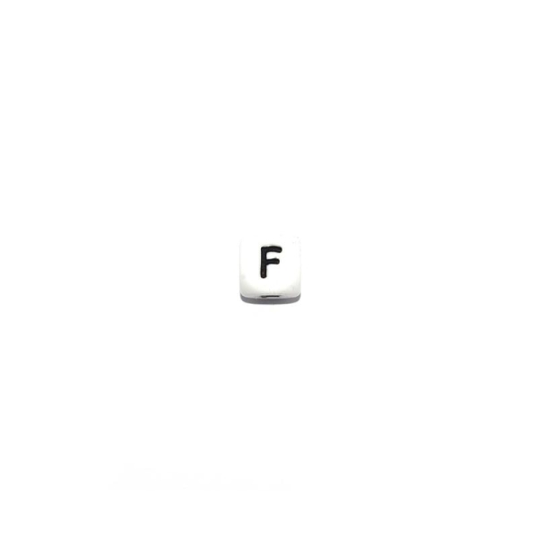 Perle lettre F cube 12 mm en silicone blanc et noir - Photo n°1