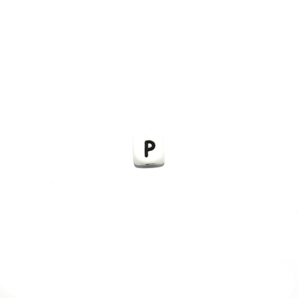 Perle lettre P cube 12 mm en silicone blanc et noir - Photo n°1