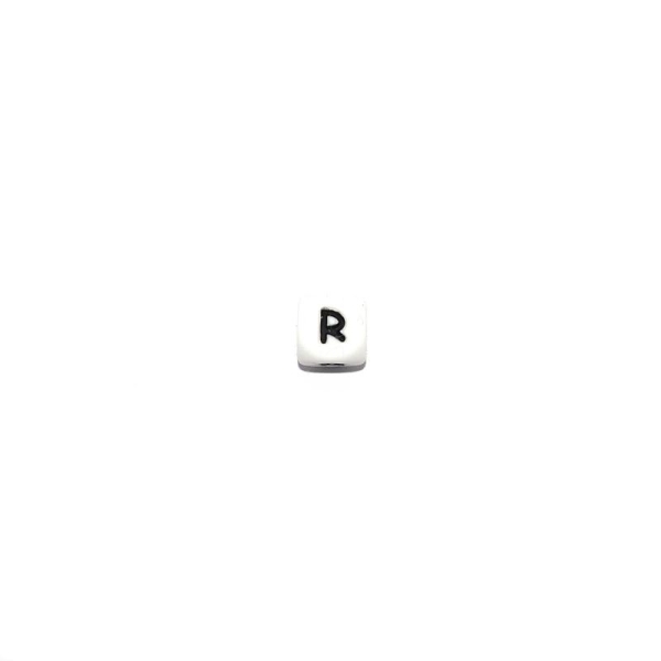 Perle lettre R cube 12 mm en silicone blanc et noir - Photo n°1