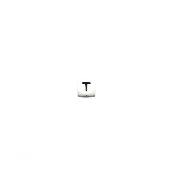 Perle lettre T cube 12 mm en silicone blanc et noir - Photo n°1