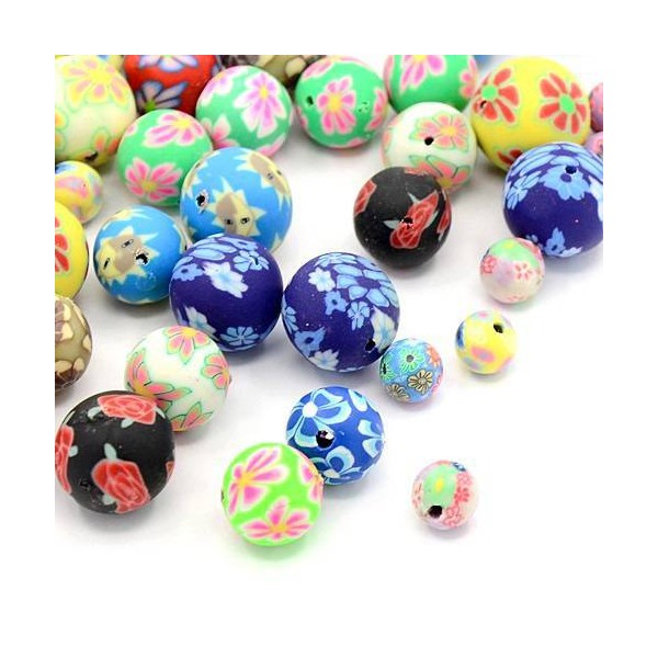Lot de 20 Perles en pate polymère  - Rondes multicolores - Photo n°1