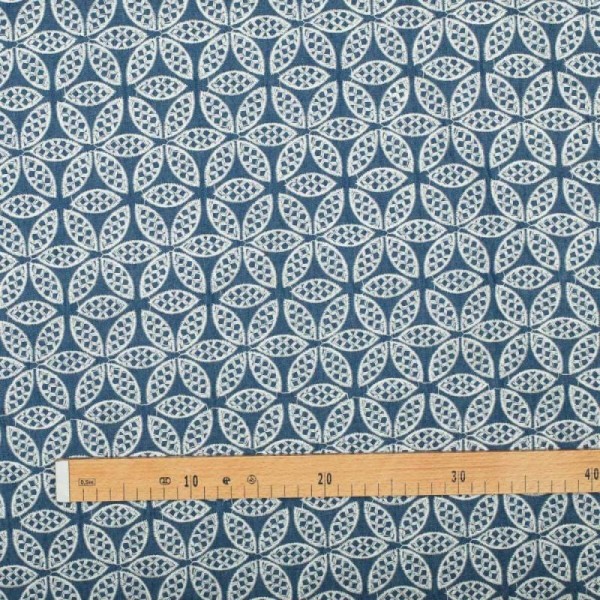 Tissu chambray brodé fleuri - Bleu & blanc - Photo n°2