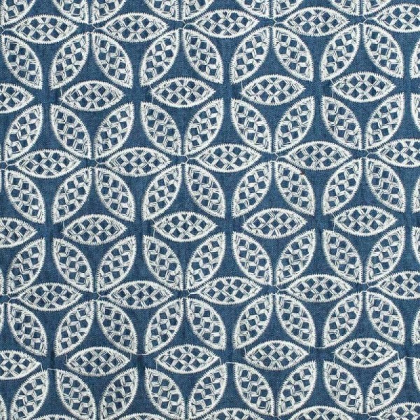 Tissu chambray brodé fleuri - Bleu & blanc - Photo n°1