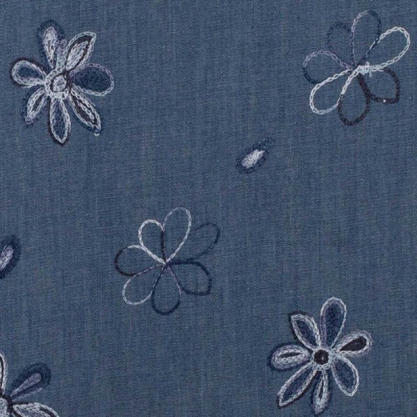 Tissu chambray brodé fleuri hippy - Bleu & bleu ciel - Photo n°1