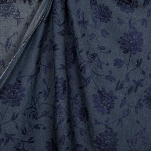 Tissu chambray brodé fleuri - Bleu & marine - Photo n°3