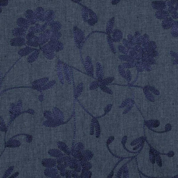 Tissu chambray brodé fleuri - Bleu & marine - Photo n°1