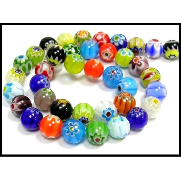 20 Perles en verre MILLEFIORI 8 MM Rondes, Divers coloris Motif FLEUR - Photo n°1