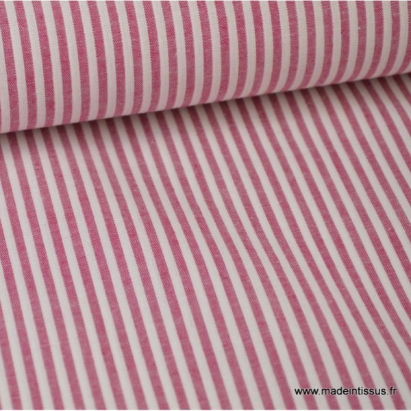 Tissu Popeline coton rayures cerise et blanc tissé teint .x1m - Photo n°1