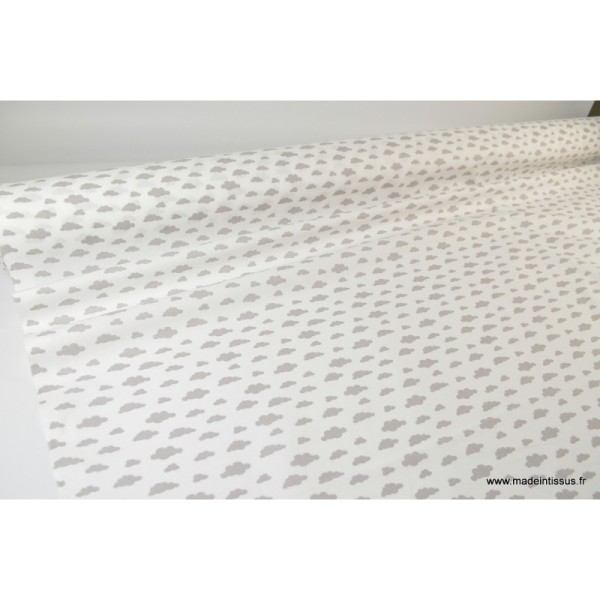 Tissu 100%coton dessin nuages gris sur fond blanc - Photo n°3