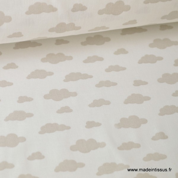 Tissu 100%coton dessin nuages beige sur fond blanc - Photo n°1