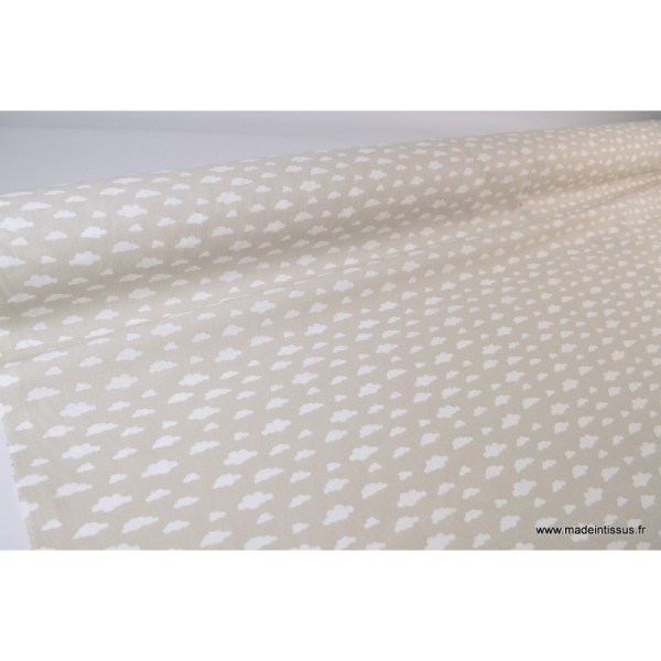 Tissu 100%coton dessin nuages blancs sur fond beige - Photo n°3