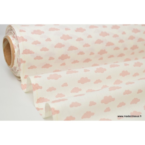 Tissu 100%coton dessin nuages rose sur fond blanc - Photo n°2