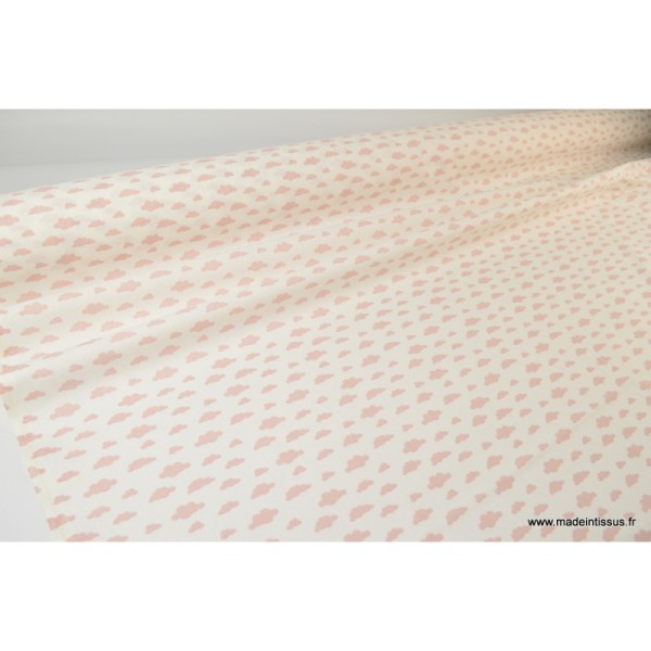 Tissu 100%coton dessin nuages rose sur fond blanc - Photo n°3