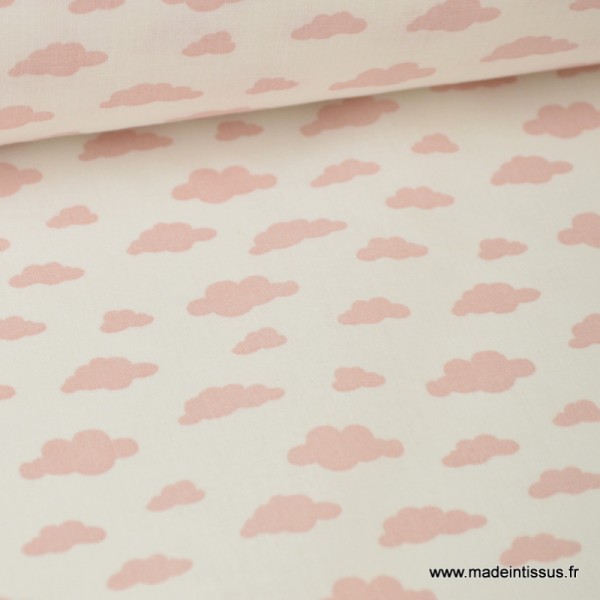 Tissu 100%coton dessin nuages rose sur fond blanc - Photo n°1