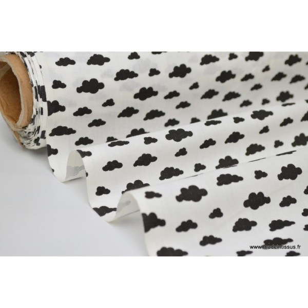 Tissu 100%coton dessin nuages noir sur fond blanc - Photo n°2