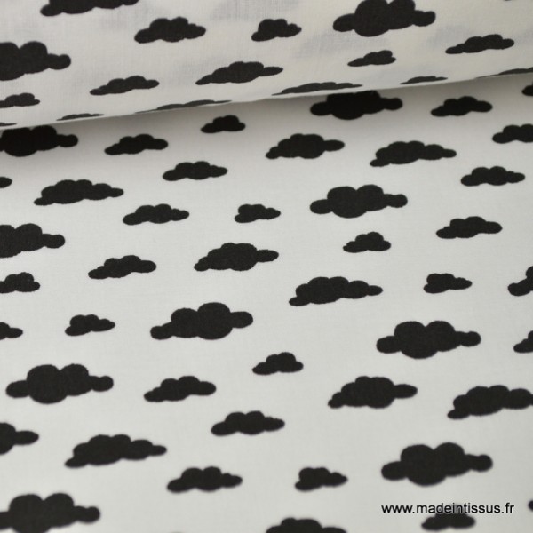 Tissu 100%coton dessin nuages noir sur fond blanc - Photo n°1