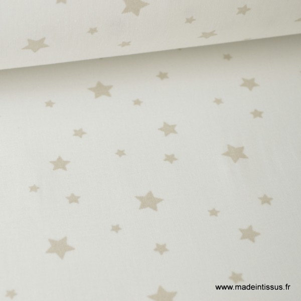 Tissu Coton imprimé étoiles beige fond blanc - Photo n°1