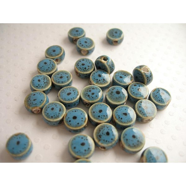 30 Perles Porcelaine Bleu Marron Pastille 9X5Mm - Photo n°1
