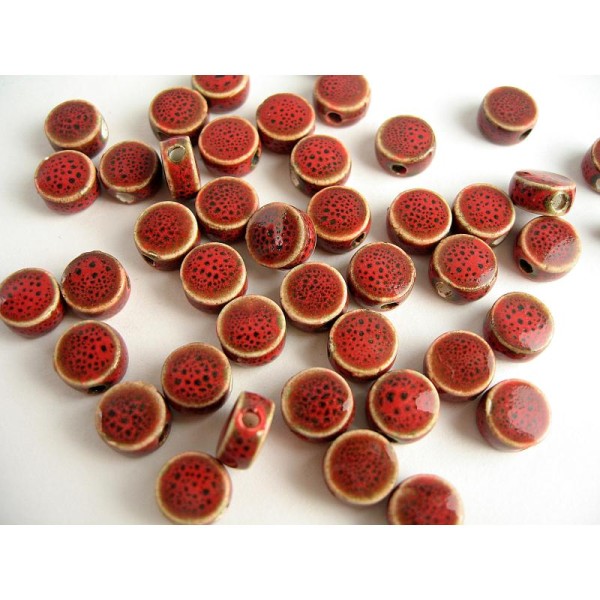30 Perles Porcelaine Rouge Foncé Pastille 9X5Mm - Photo n°1