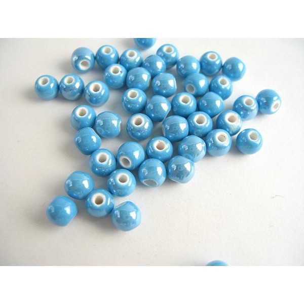 10 Perles Céramique Ronde Bleu 6Mm - Photo n°1