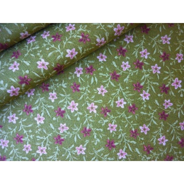 Tissu fleuri coton patchwork américain vert olive rose et fuchsia - 25 X 110 cm - Photo n°2