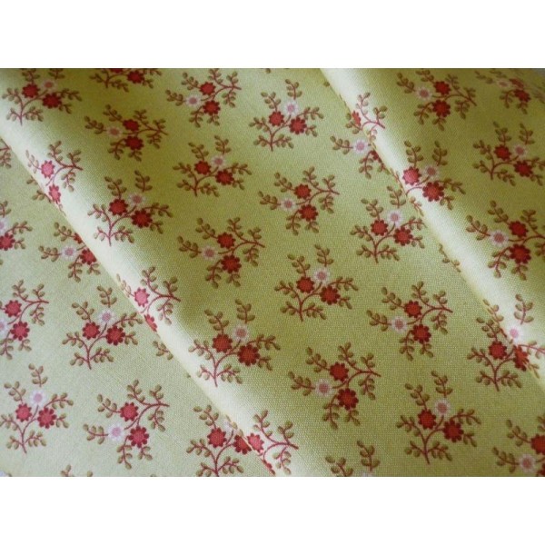Tissu coton fleuri style vintage vert olive clair - 25 X 110 cm - Photo n°1