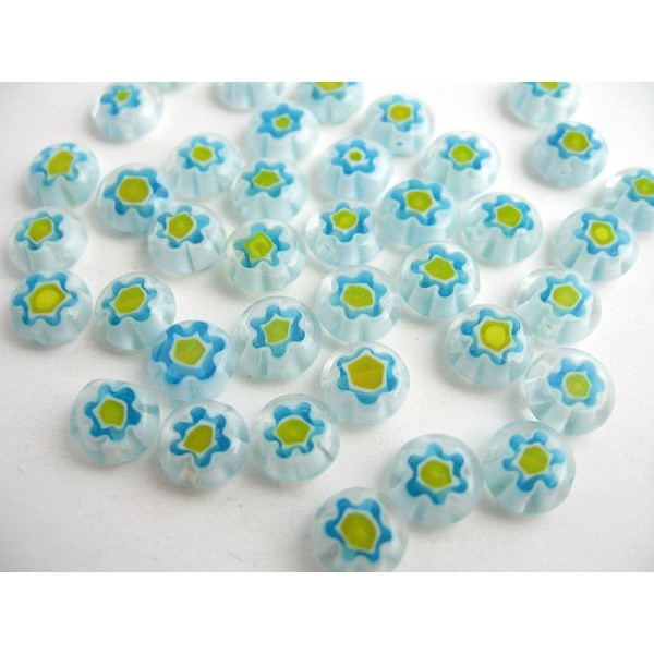 30 Perles verre millefiori bleu ciel blanc jaune 8x4mm - Photo n°1