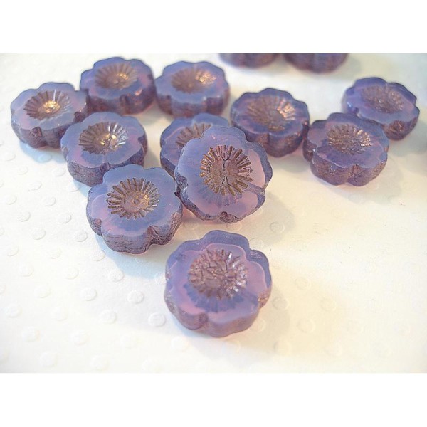 4 Perles de verre fleur mauve violet laiteux 14mm - Photo n°1