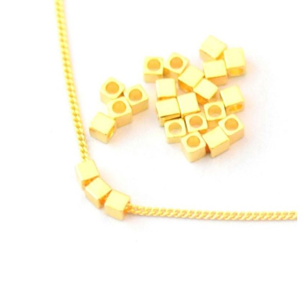 X25 Perles Cubes Métallisées Laiton- Or Dorées 3x3x3mm - Pour Bracelet Collier Sautoir Bo - Photo n°1