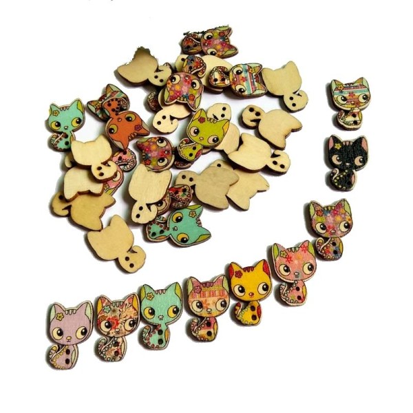 Pack de 8 boutons chats en bois 2 trous 2,7 cm - Photo n°3